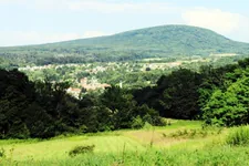 Bakonybéli zöldellő erdős, dombos tájkép.